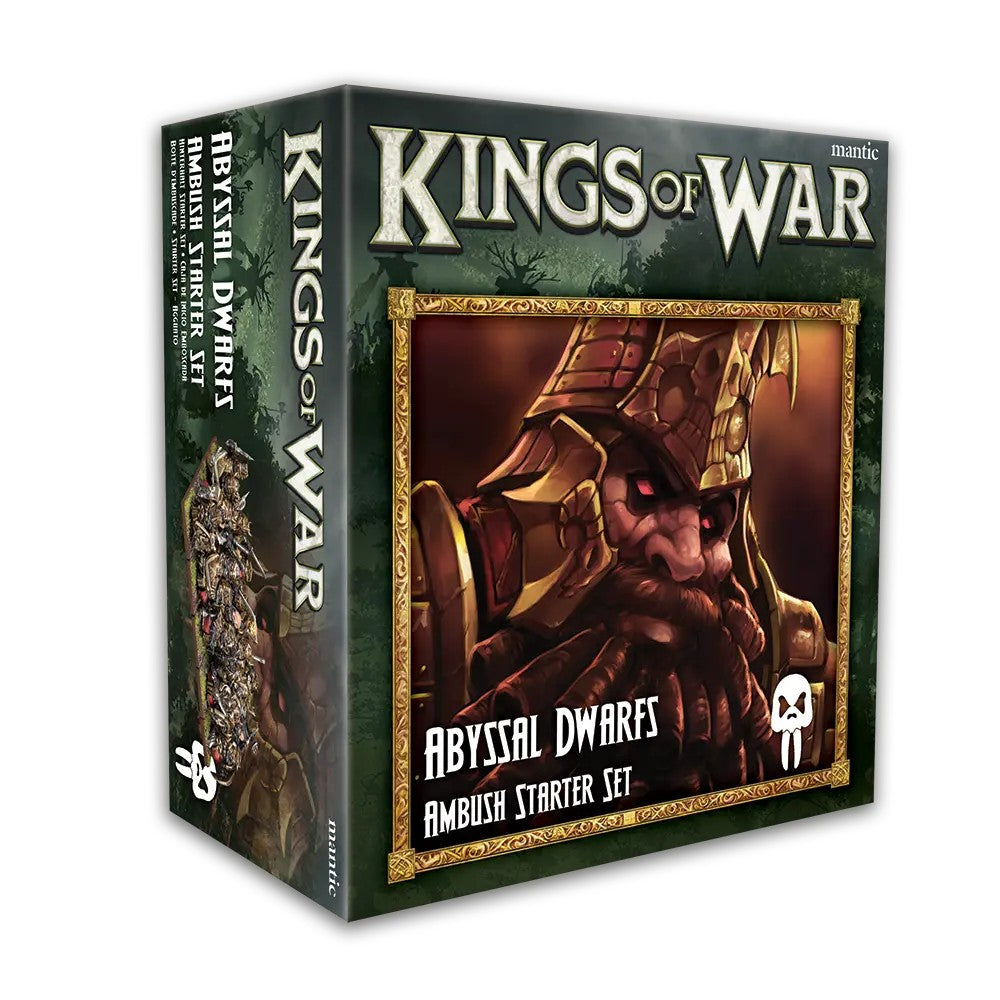 Kings of War Abyssal Dwarfs Ambush Starter Set game box, featuring an armored dwarf with glowing red eyes