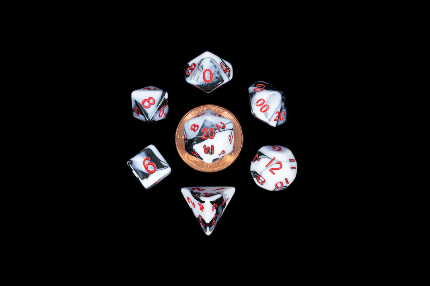 Marbled white and black polyhedral dice with red numbers surround a penny on a black background.