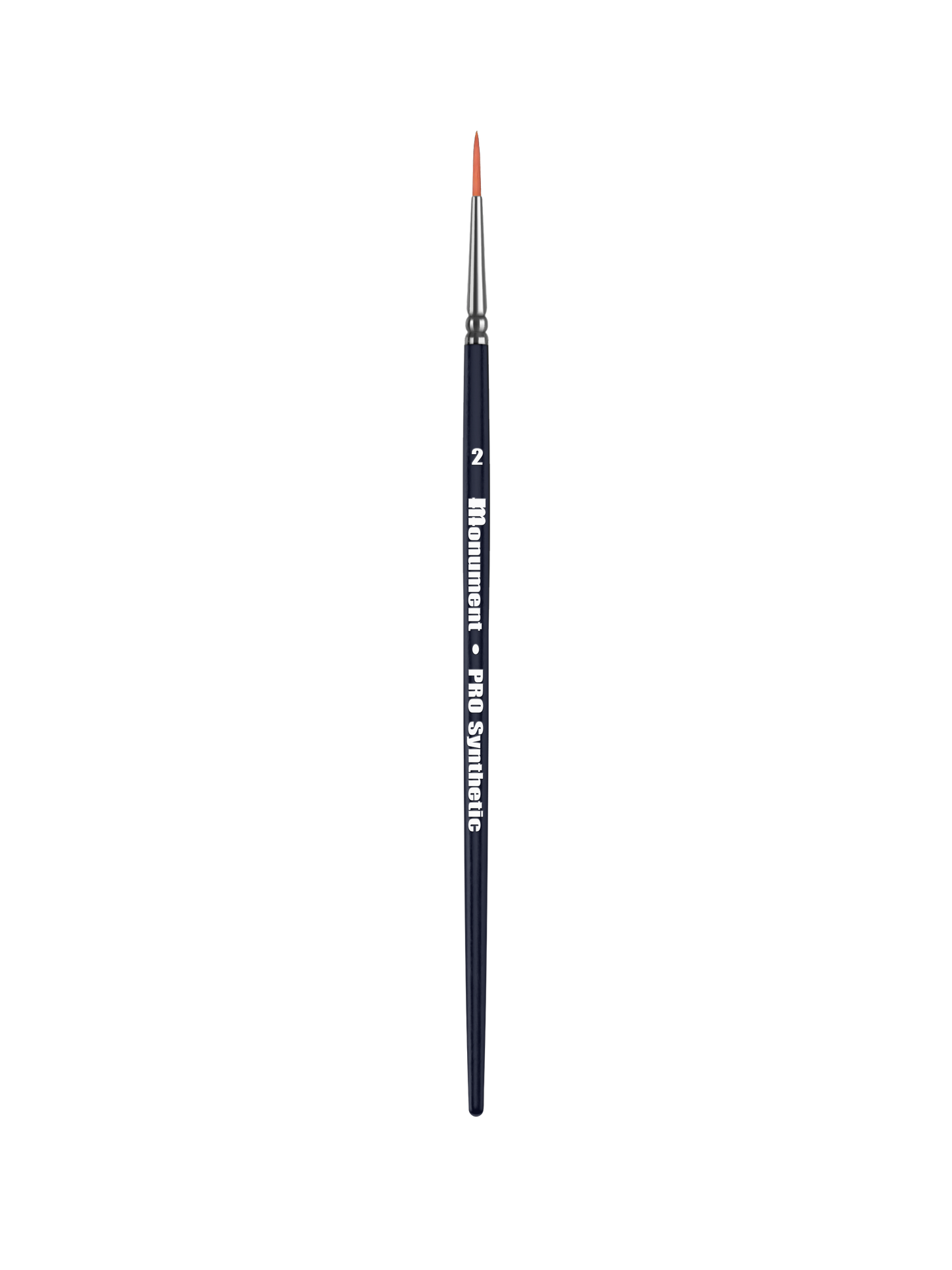A Monument Pro Synthetic Singles Round Brush Size 2 is pictured vertically with a dark handle, silver ferrule, and reddish-brown synthetic bristles