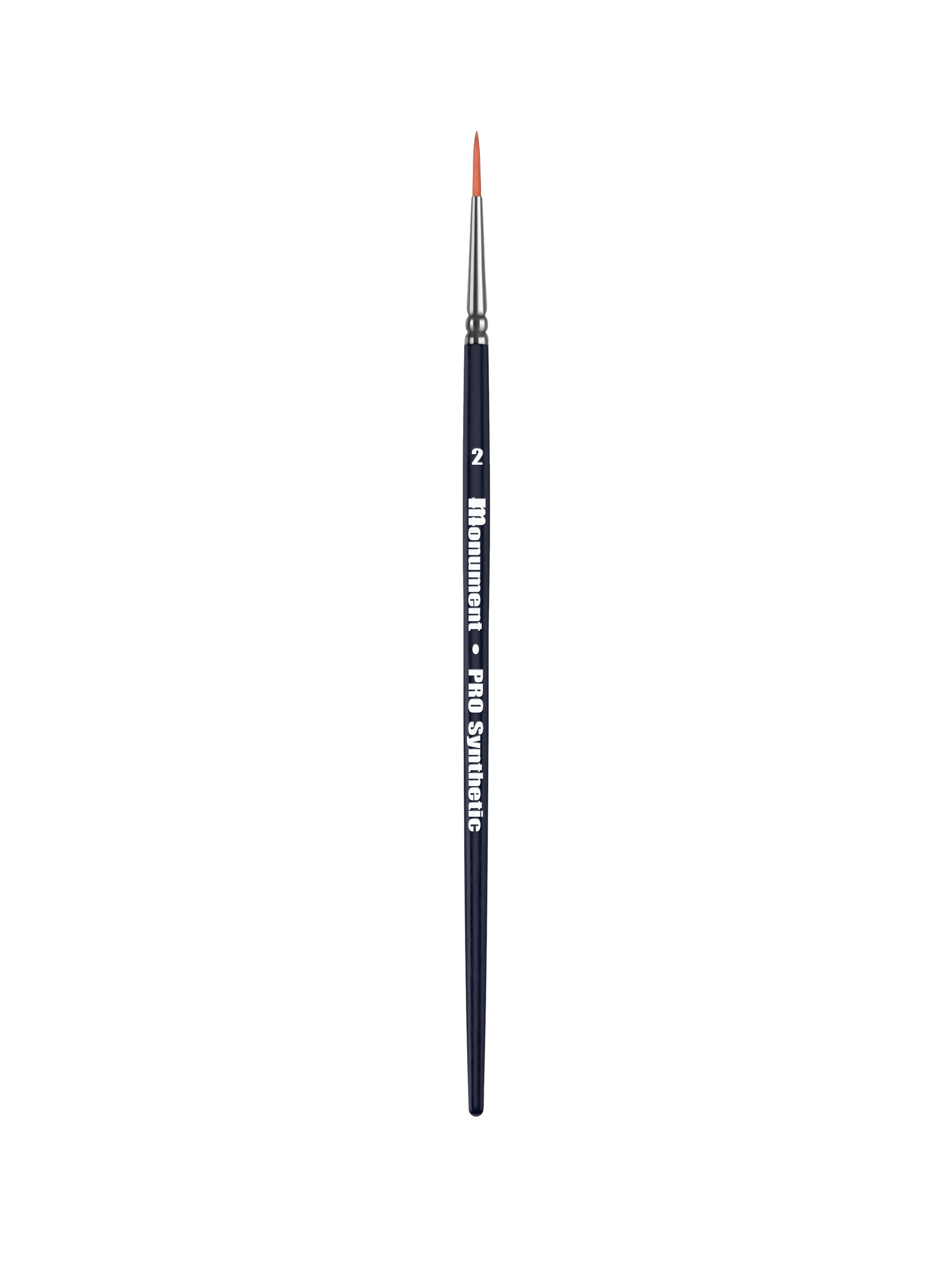 A Monument Pro Synthetic Singles Round Brush Size 2 is pictured vertically with a dark handle, silver ferrule, and reddish-brown synthetic bristles
