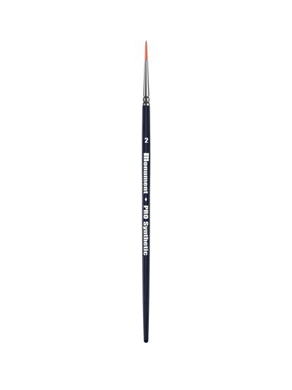 A Monument Pro Synthetic Singles Round Brush Size 2 is pictured vertically with a dark handle, silver ferrule, and reddish-brown synthetic bristles