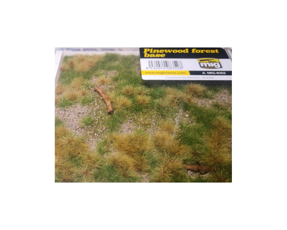 Pinewood forest base product: green and dry grass tufts, sandy ground, and small branches.