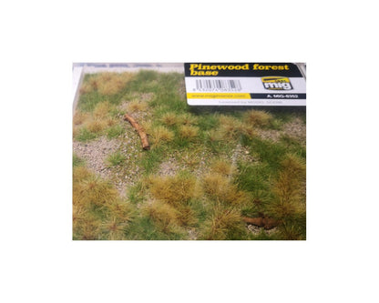 Pinewood forest base product: green and dry grass tufts, sandy ground, and small branches.
