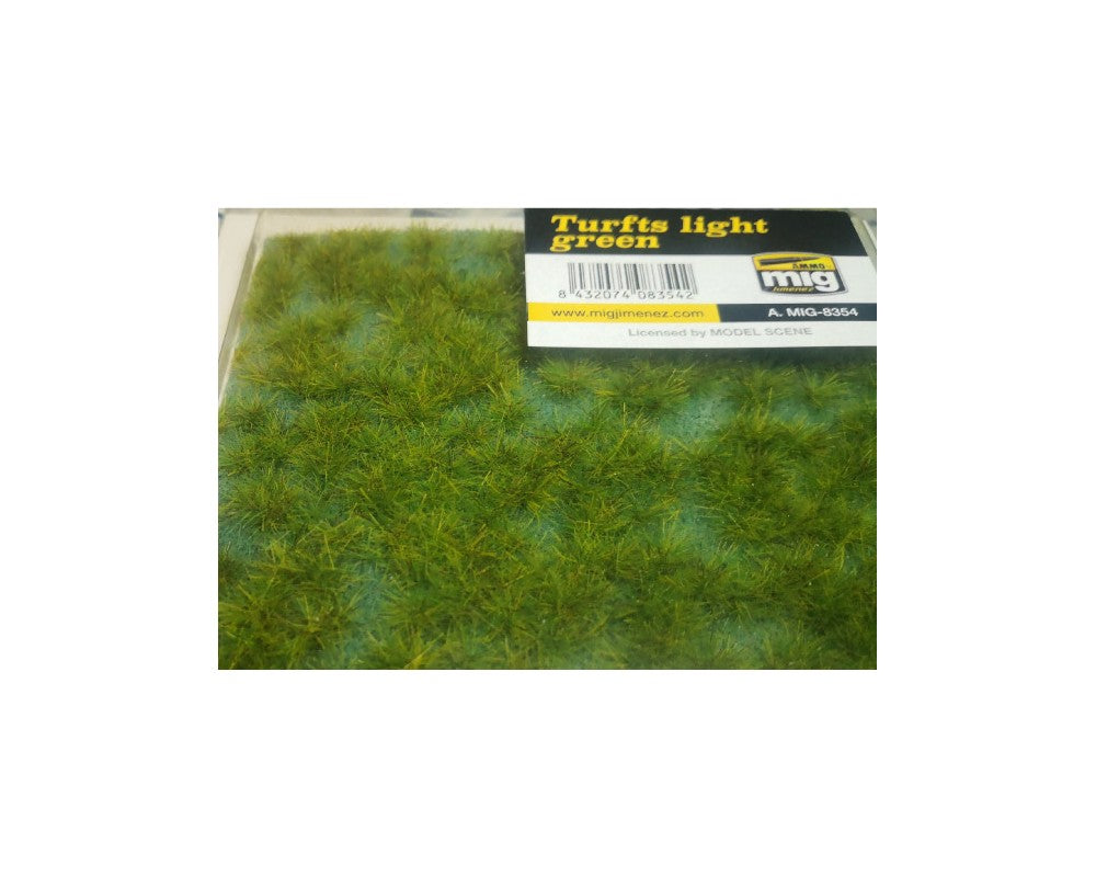 Clear package of light green model scenery turf tufts, labeled "Turfts light green" by MIG.