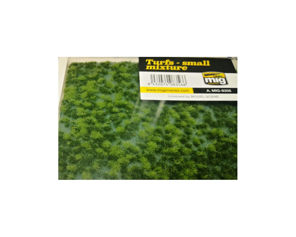 Packaged "Turfs - small mixture" by Ammo by MIG Jimenez, green artificial model scenery grass.