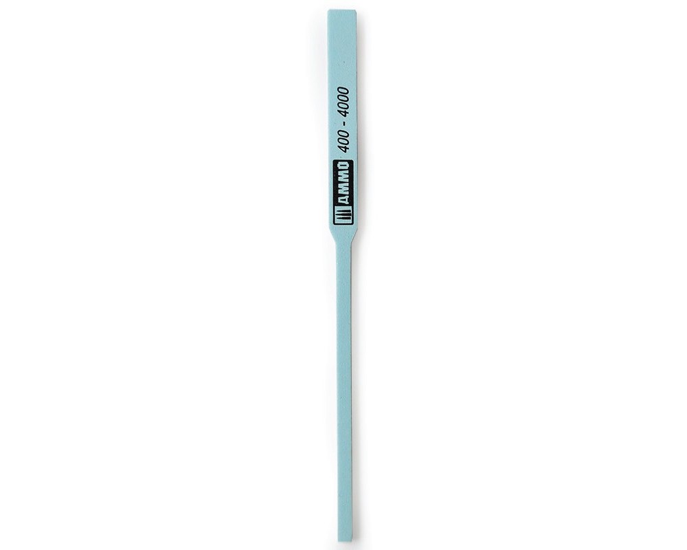 A light blue AMMO sanding stick with '400 - 4000' grit ratings printed vertically.