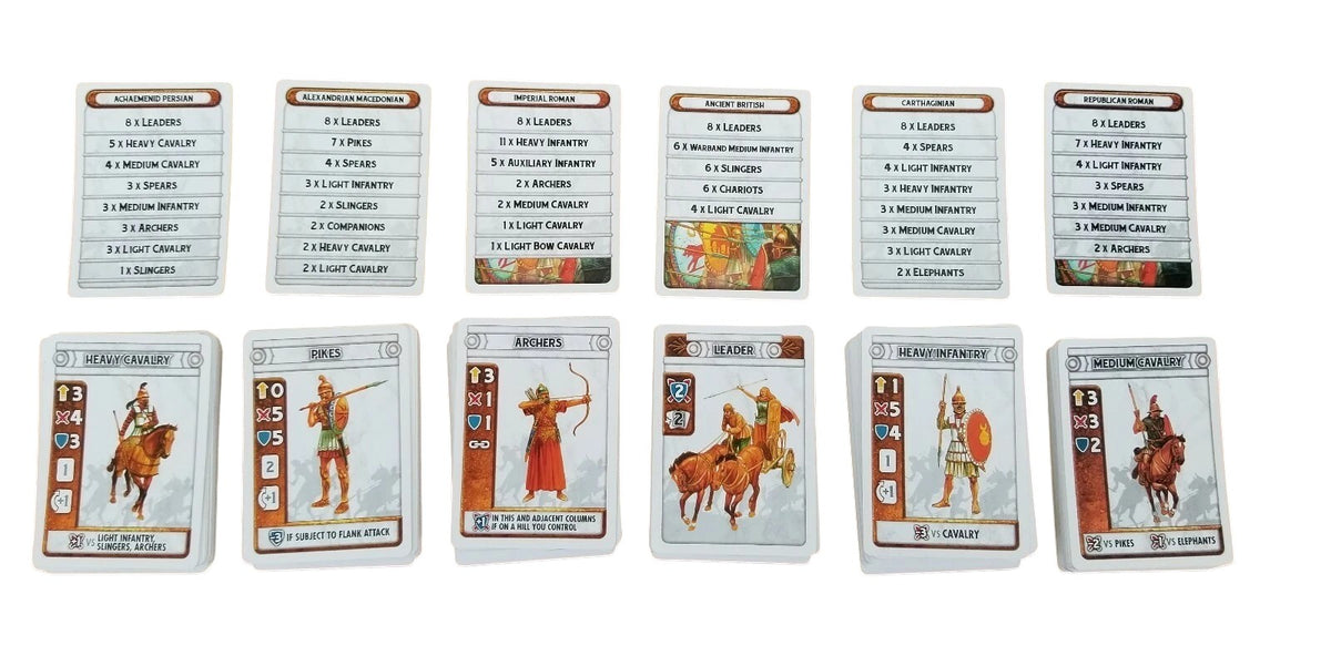 Ancient wargame cards: Top row lists historical army rosters. Bottom row shows illustrated unit cards, like cavalry and archers