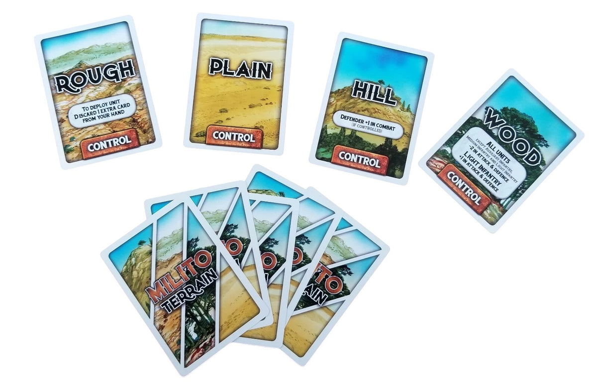 Board game terrain cards on white, four cards are face up (Rough, Plain, Hill, Wood), with five cards face down