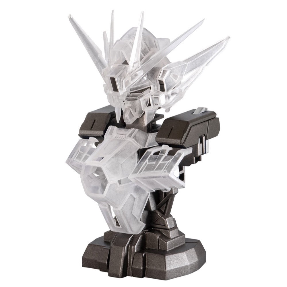 Clear and dark gray mech bust on a stand, featuring translucent armor over an opaque inner frame