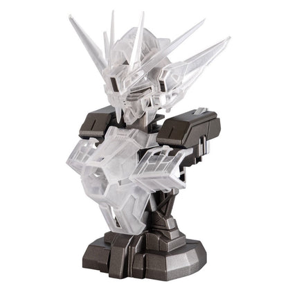 Clear and dark gray mech bust on a stand, featuring translucent armor over an opaque inner frame