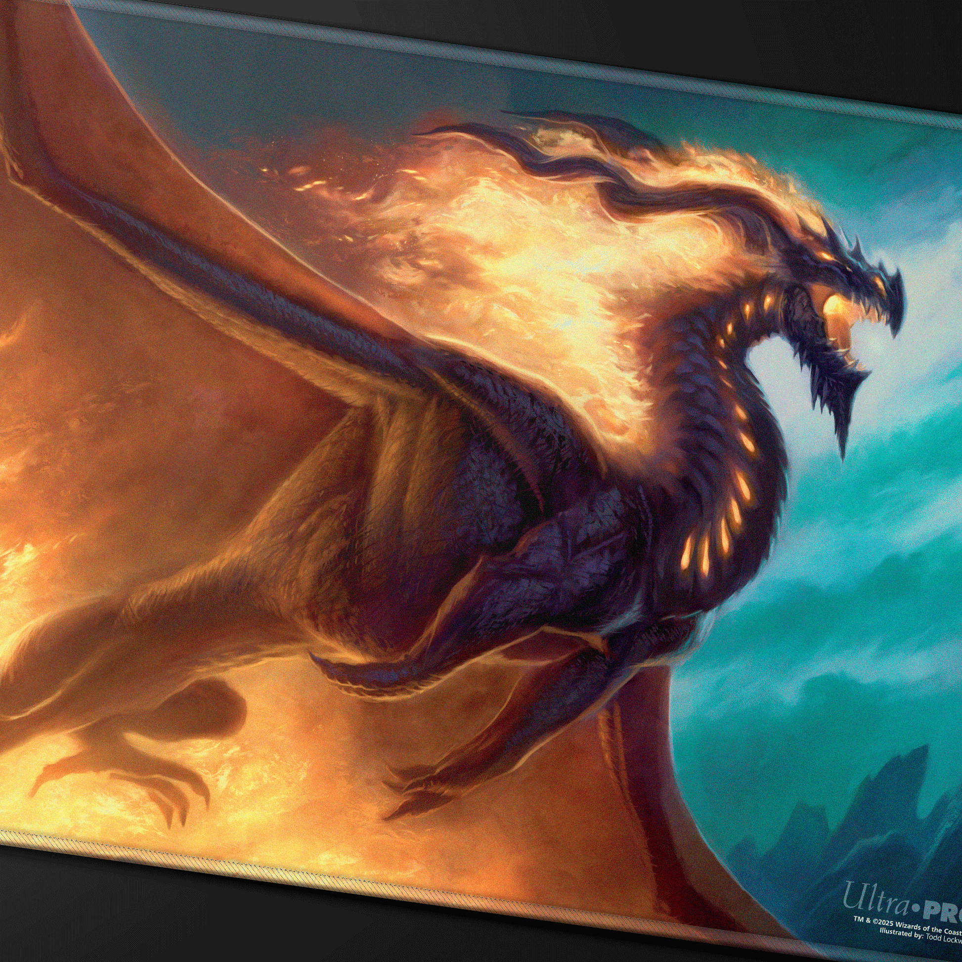 A dark dragon with glowing orange eyes and wings engulfed in flames soars through a divided fiery orange and teal sky. Ultra PRO playmat