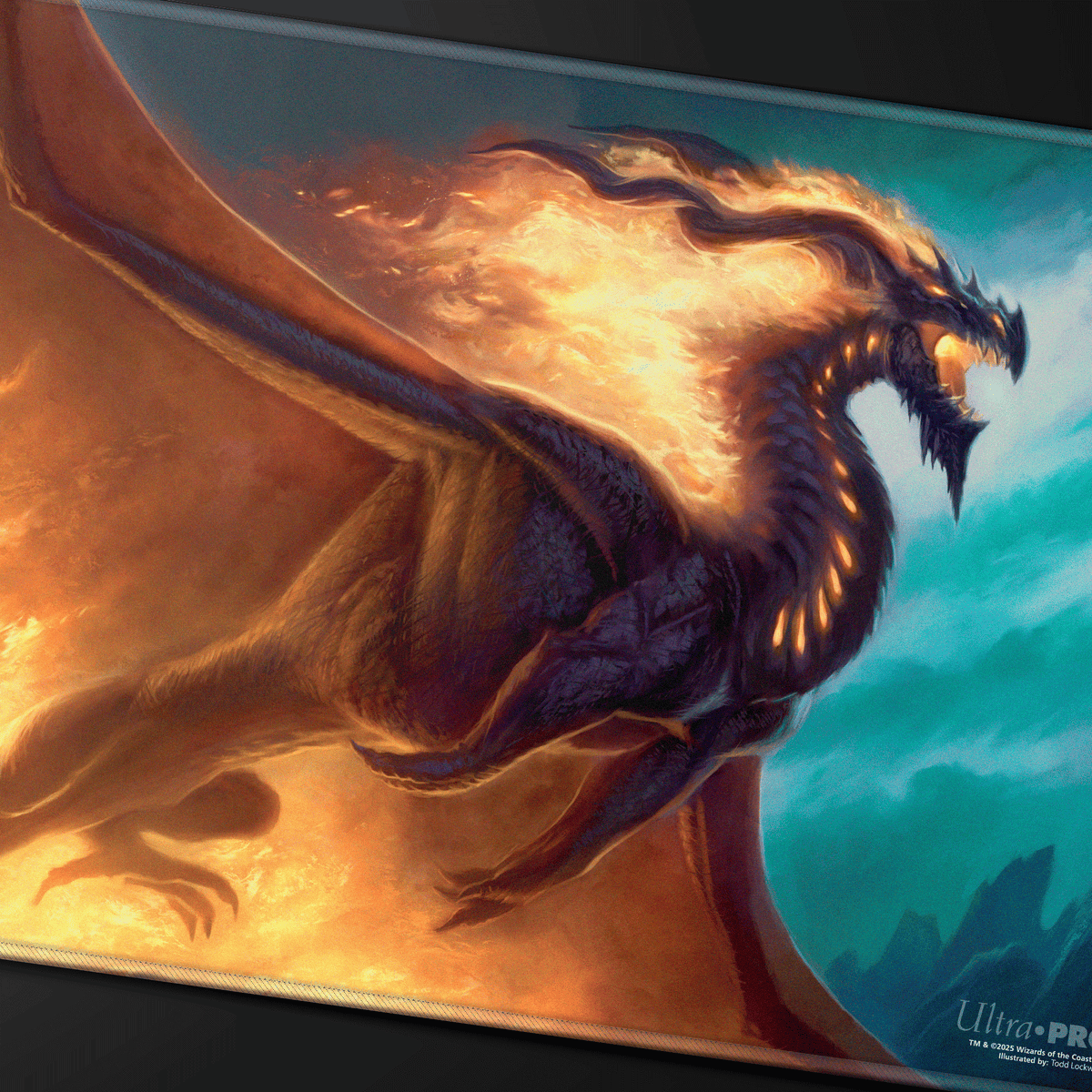 A dark dragon with glowing orange eyes and wings engulfed in flames soars through a divided fiery orange and teal sky. Ultra PRO playmat