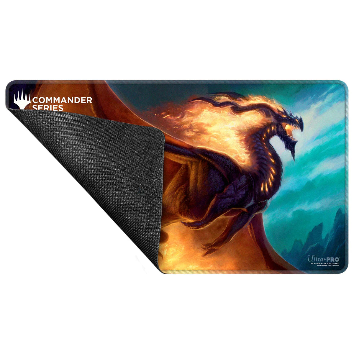 Commander Series playmat: Fiery black dragon roaring. Corner lifted to show rubber underside