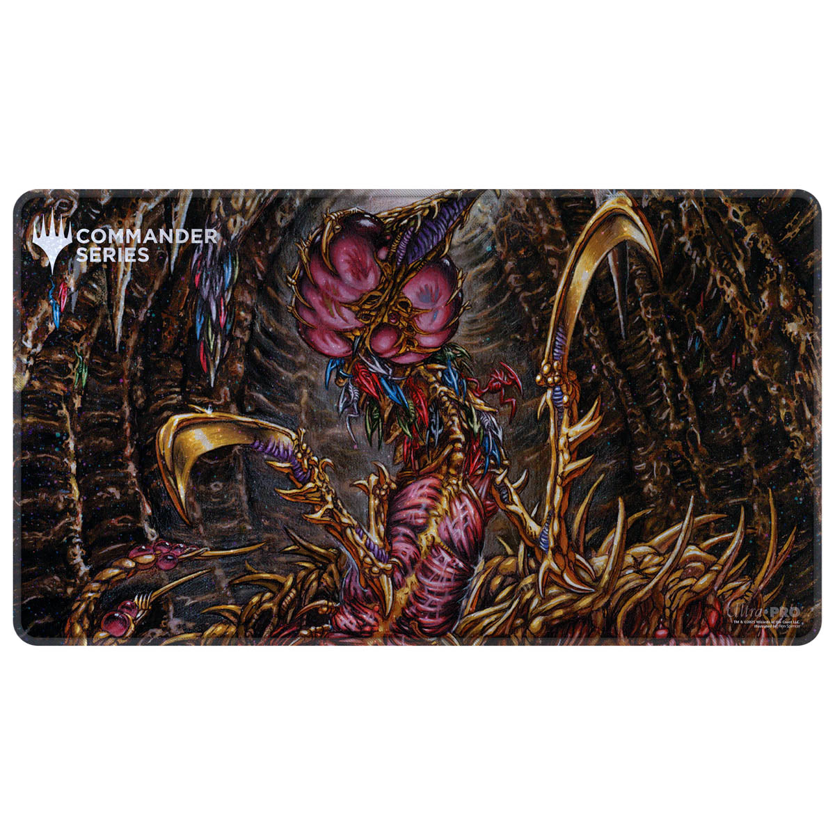 MTG Commander Series playmat: Grotesque Phyrexian creature with a pink head, golden scythes, crouching in a dark, organic cavern