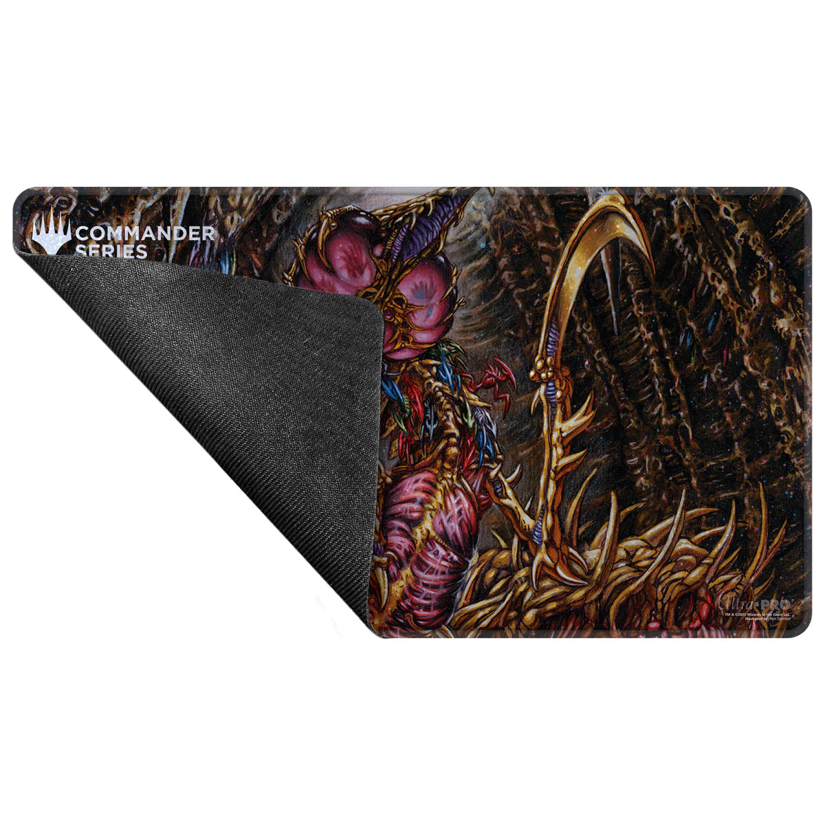 Commander Series playmat featuring a grotesque, fleshy creature with a golden scythe. Corner folded, showing black underside