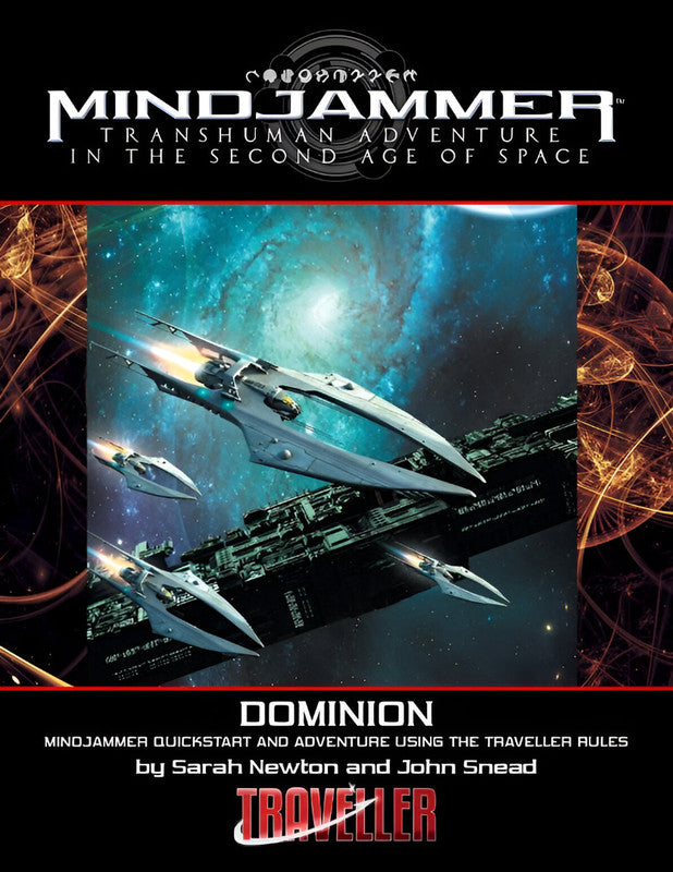Mindjammer RPG  Dominion Quickstart Traveller book cover showing sleek spaceships flying past a massive capital ship against a swirling blue-green nebula
