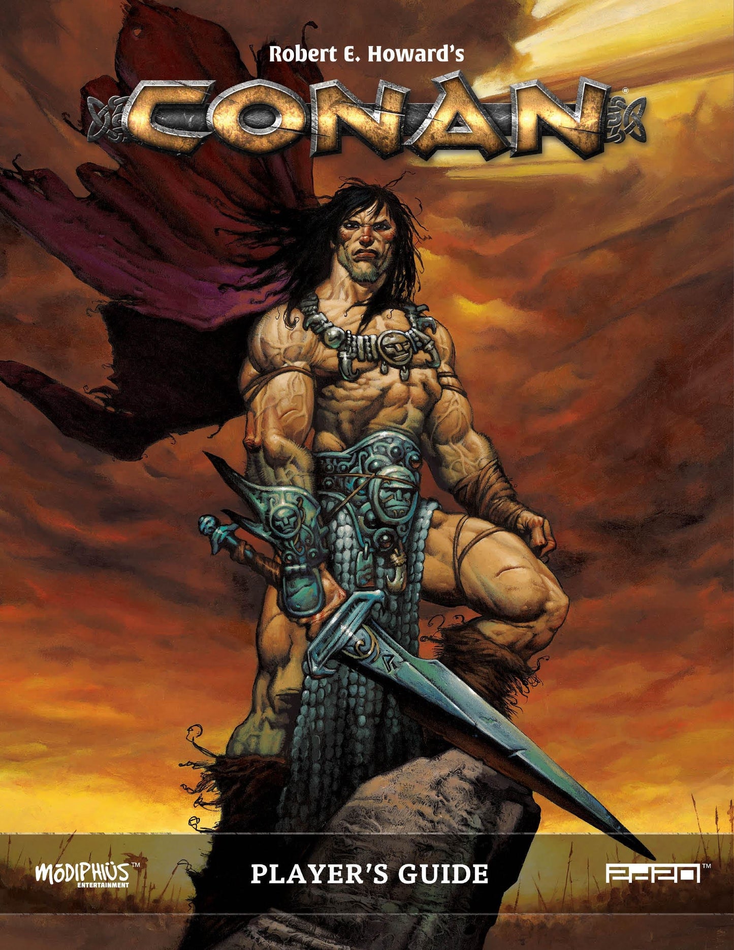 Conan Player's Guide cover: Muscular Conan stands ready, sword in hand, against a fiery orange sky.