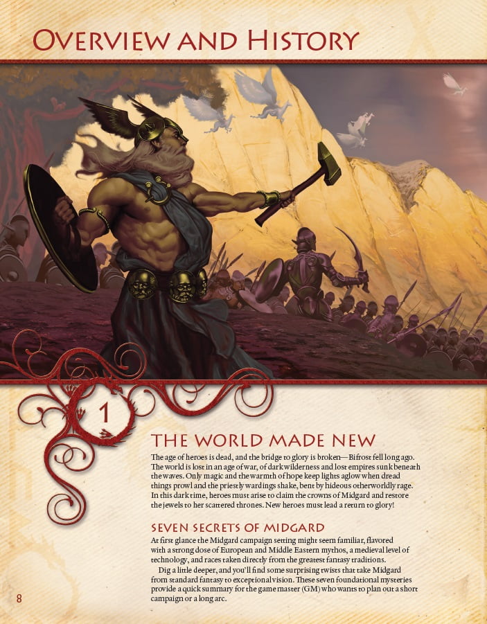 An illustration from the Kobold Press Midgard Worldbook for 5th Edition shows a muscular warrior leading an army with a shield and hammer against mountains and flying creatures