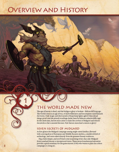 An illustration from the Kobold Press Midgard Worldbook for 5th Edition shows a muscular warrior leading an army with a shield and hammer against mountains and flying creatures