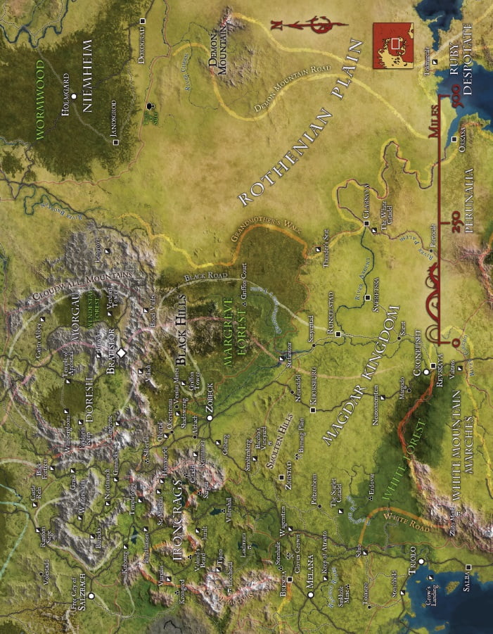 A detailed fantasy map from the Kobold Press Midgard Worldbook for 5th Edition depicting diverse regions, mountains, forests, rivers, roads, cities, a compass, and a scale