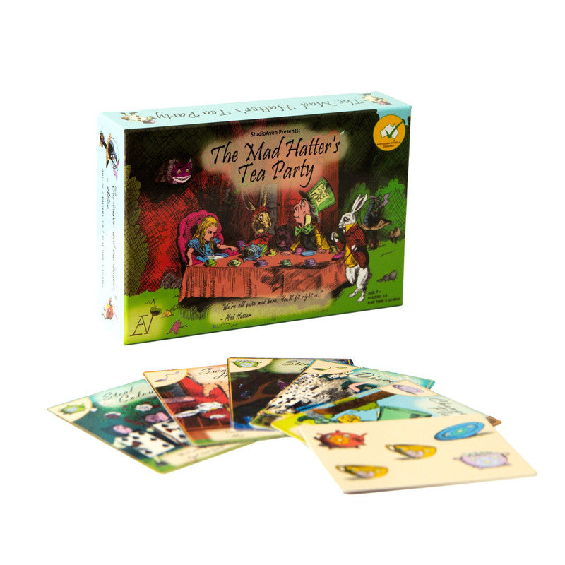 The Mad Hatter&#39;s Tea Party board game box featuring an illustration of Alice and characters, with game cards fanned out