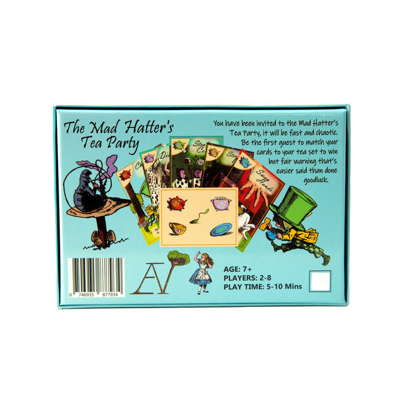 Back of &quot;The Mad Hatter&#39;s Tea Party&quot; game box, with illustrations of Alice, the Mad Hatter, and game cards