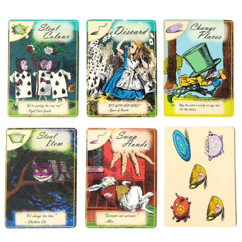 Six Alice in Wonderland themed game cards showing characters and items for various actions