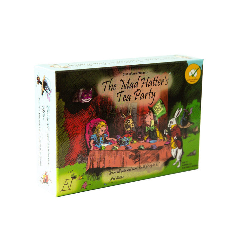 Board game box titled &quot;The Mad Hatter&#39;s Tea Party,&quot; featuring Alice, Mad Hatter, March Hare, and White Rabbit