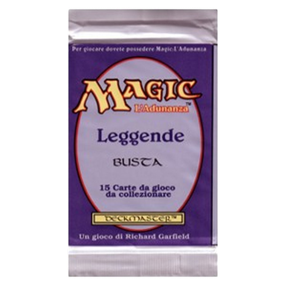 Purple Magic: The Gathering 'Leggende' booster pack with gold logo, containing 15 collectible cards