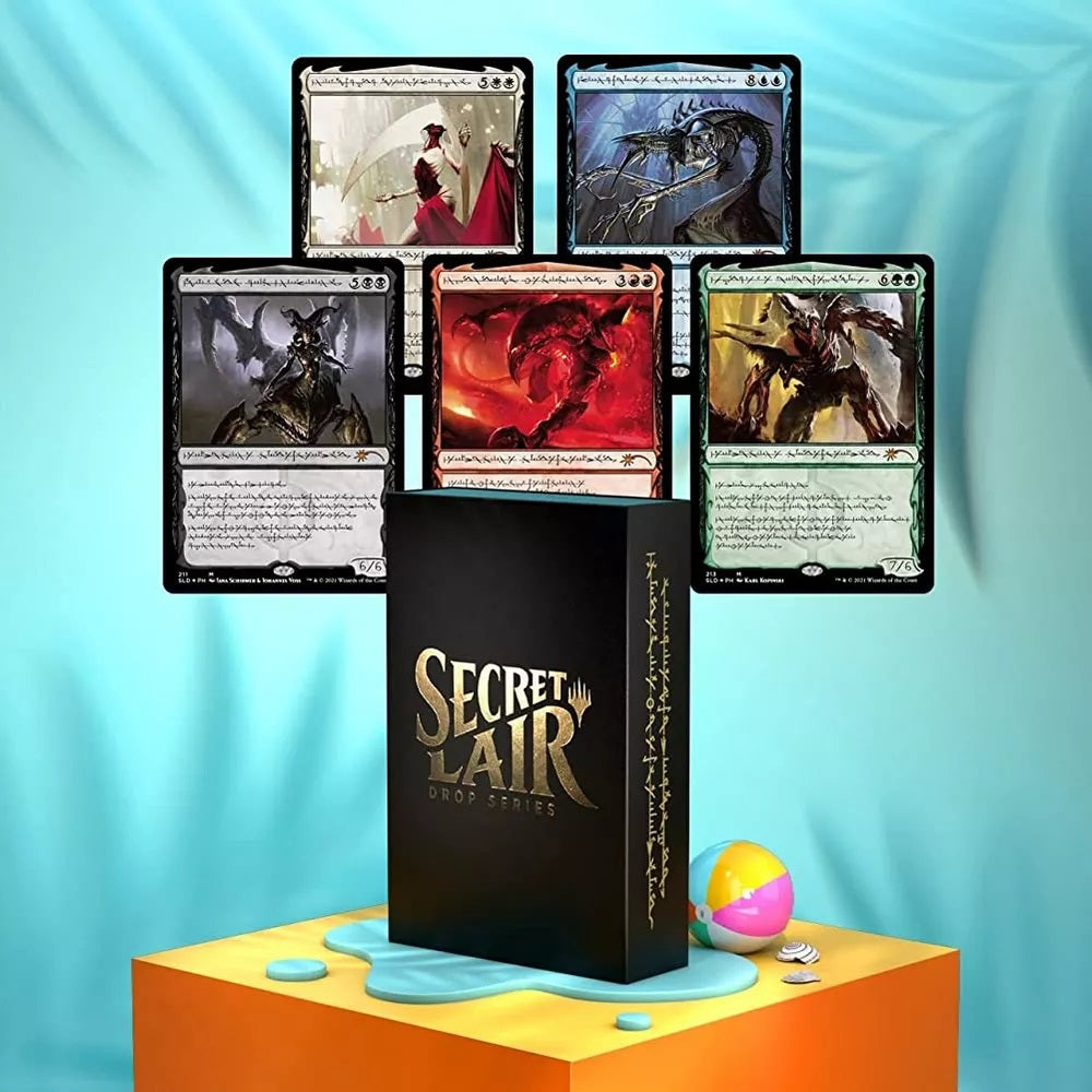 Five Magic: The Gathering cards fan out behind a black 'Secret Lair Drop Series' box on a summer-themed stand