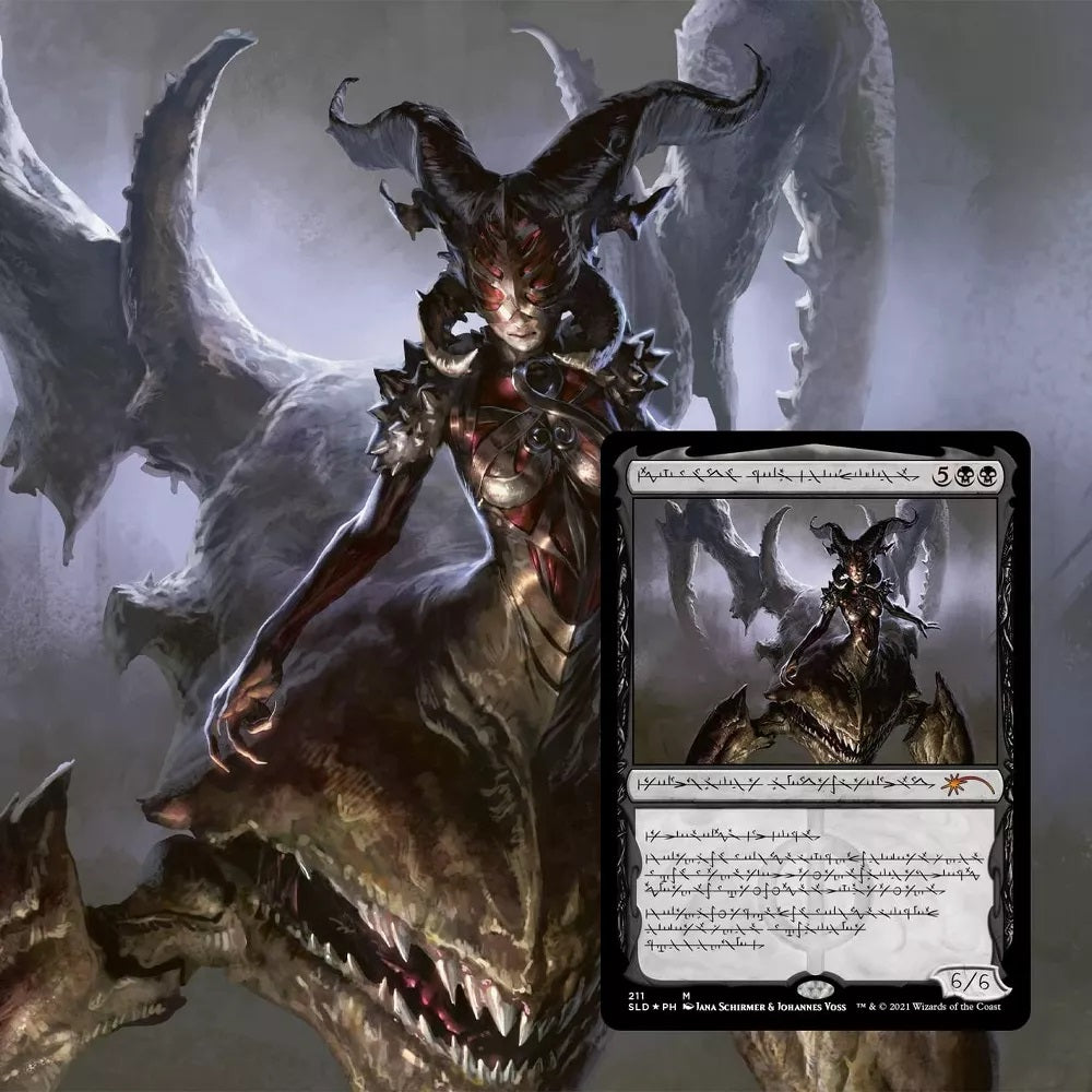 Magic: The Gathering card featuring a horned demon woman emerging from a large monster, overlaid on its full artwork