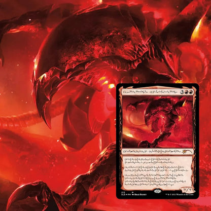 Magic: The Gathering card showing a red, clawed monster and alien script, against a huge, fiery red monster
