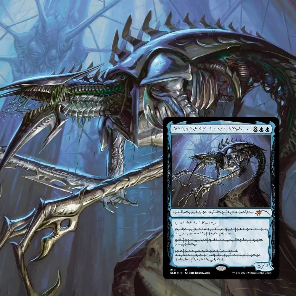 A large metallic blue Phyrexian creature with a glowing green mouth, with its Magic: The Gathering card overlaid