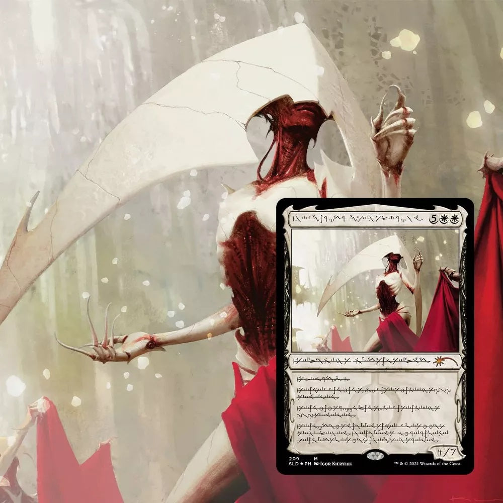 A visceral creature with pale skin, exposed red muscle, and large broken white wings, draped in red, with its Magic: The Gathering card
