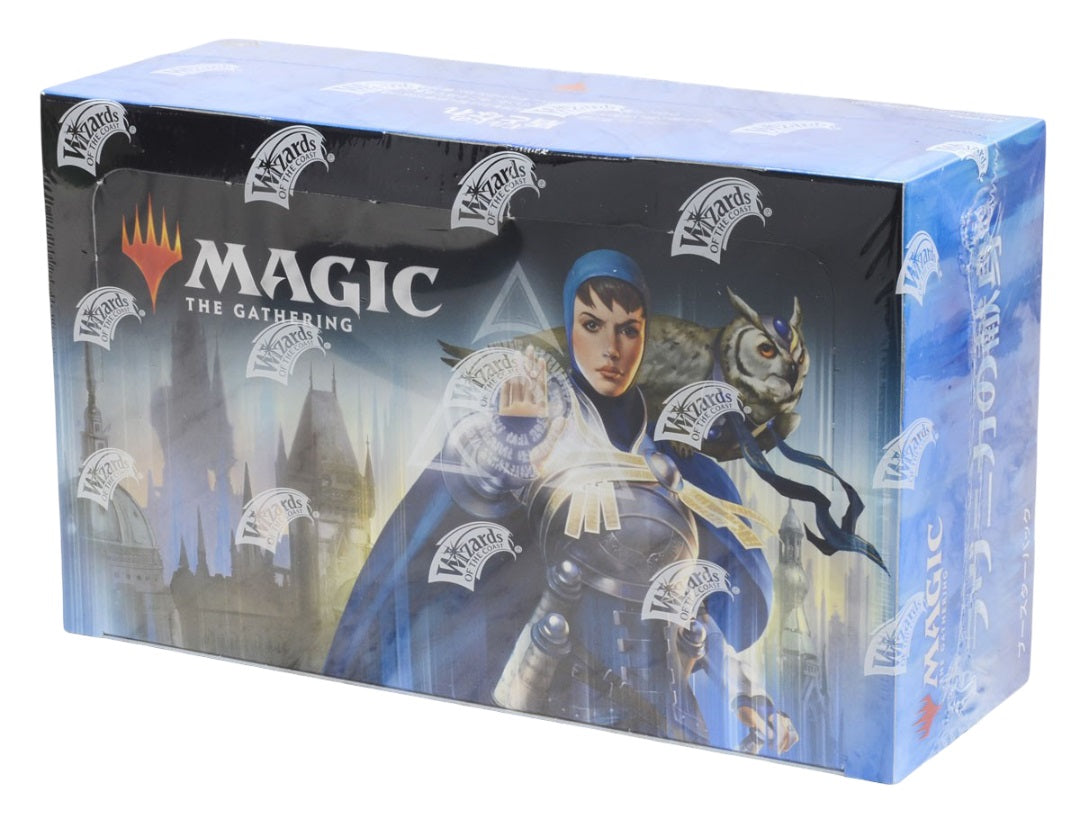 A sealed Magic: The Gathering box featuring a blue-clad woman with an owl on her shoulder, set against a fantasy city