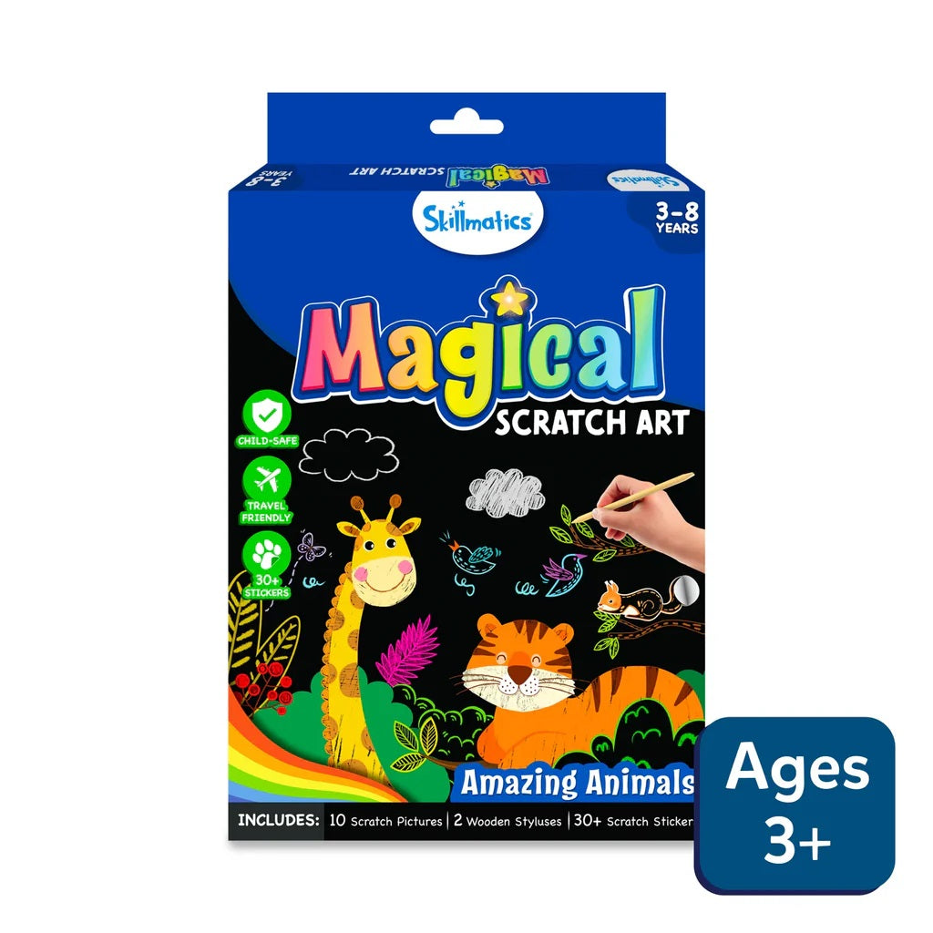 Skillmatics Magical Scratch Art kit, Amazing Animals edition, featuring a giraffe, tiger, and hand scratching the black paper