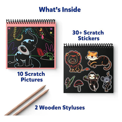 Scratch art kit contents shown: Elephant scratch picture, animal stickers, and two wooden scratching styluses