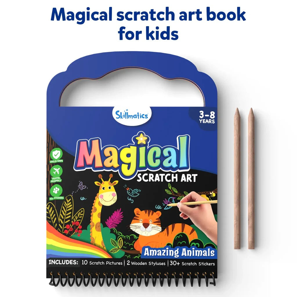 Skillmatics Magical Scratch Art book for kids showing colorful animal artwork revealed by a stylus