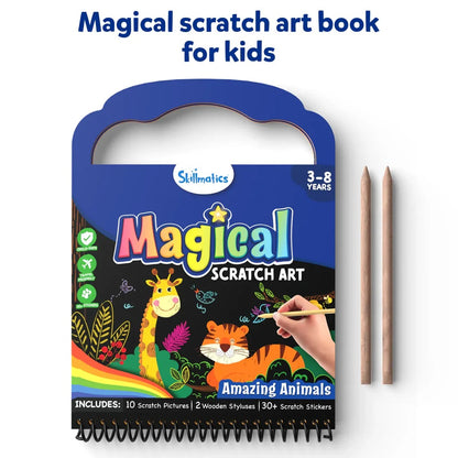Skillmatics Magical Scratch Art book for kids showing colorful animal artwork revealed by a stylus