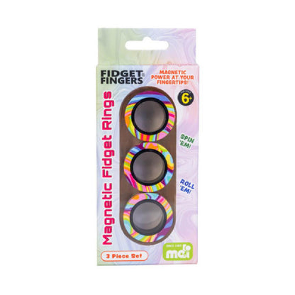 Package of "Fidget Fingers Magnetic Fidget Rings" with three rainbow-colored rings visible, for ages 6+