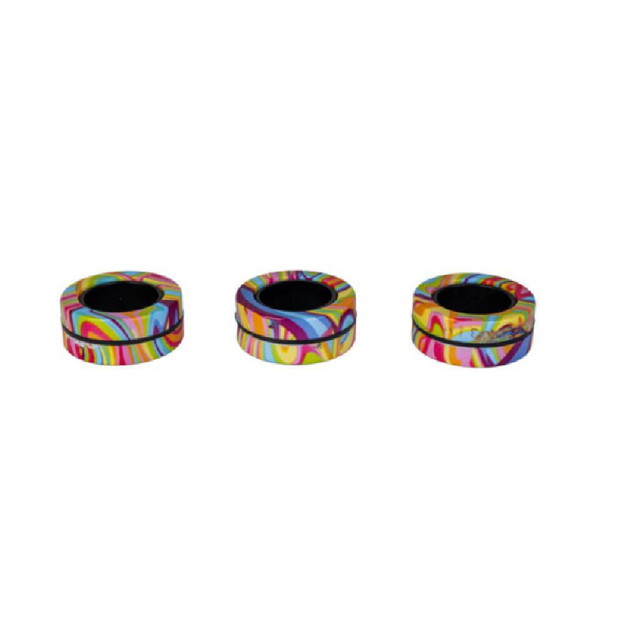 Three donut-shaped objects with vibrant, multi-color swirl patterns and black centers