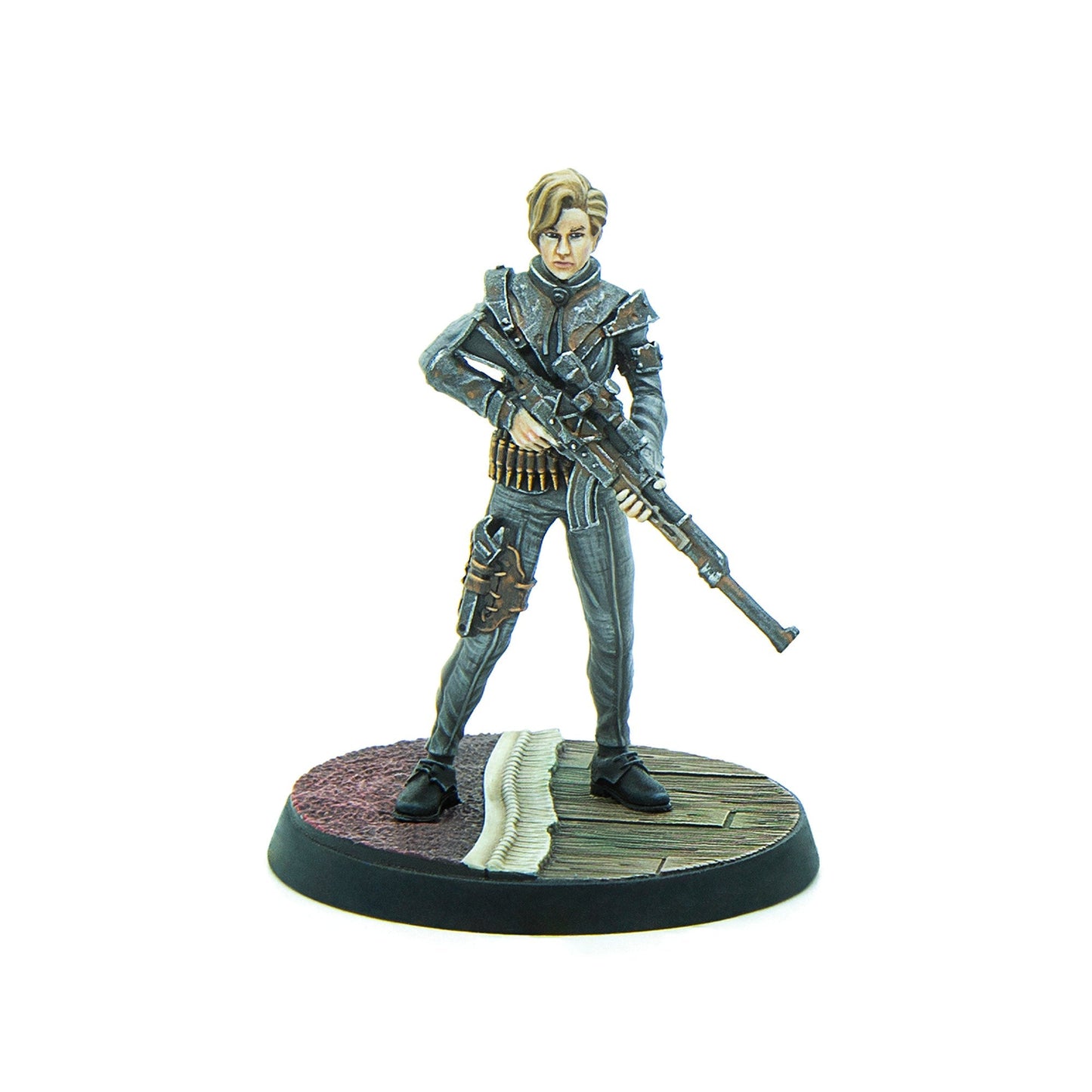 Painted miniature of a blonde woman in a grey tactical suit, holding a large sniper rifle across her chest