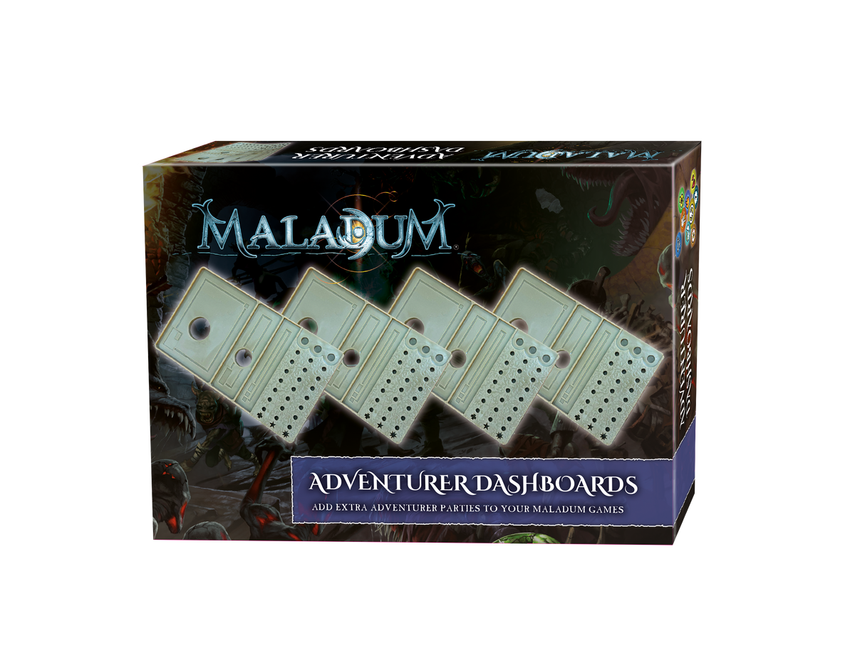 Maladum Adventurer Dashboards box with dark fantasy art, showing player dashboards for the board game