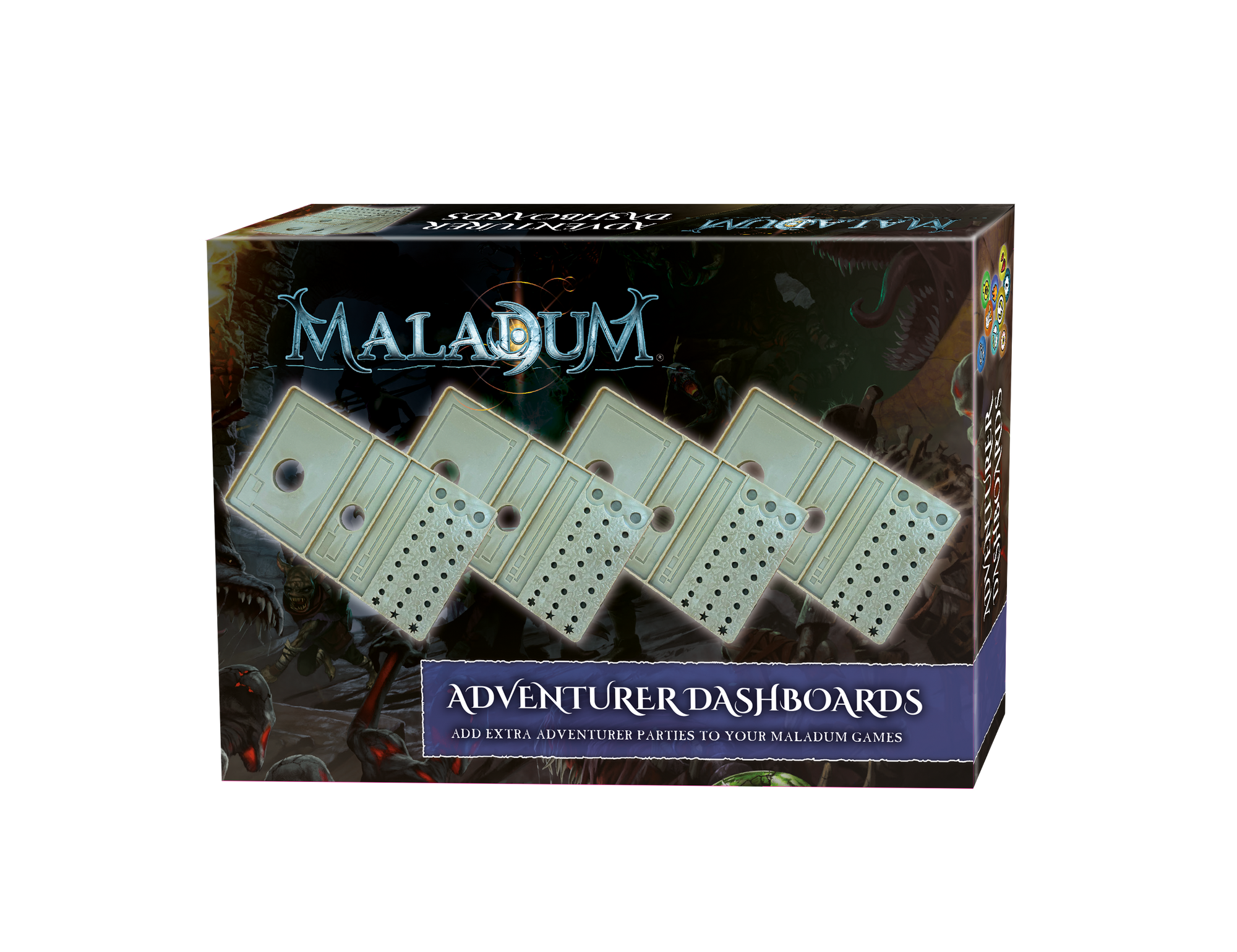 Maladum Adventurer Dashboards box with dark fantasy art, showing player dashboards for the board game