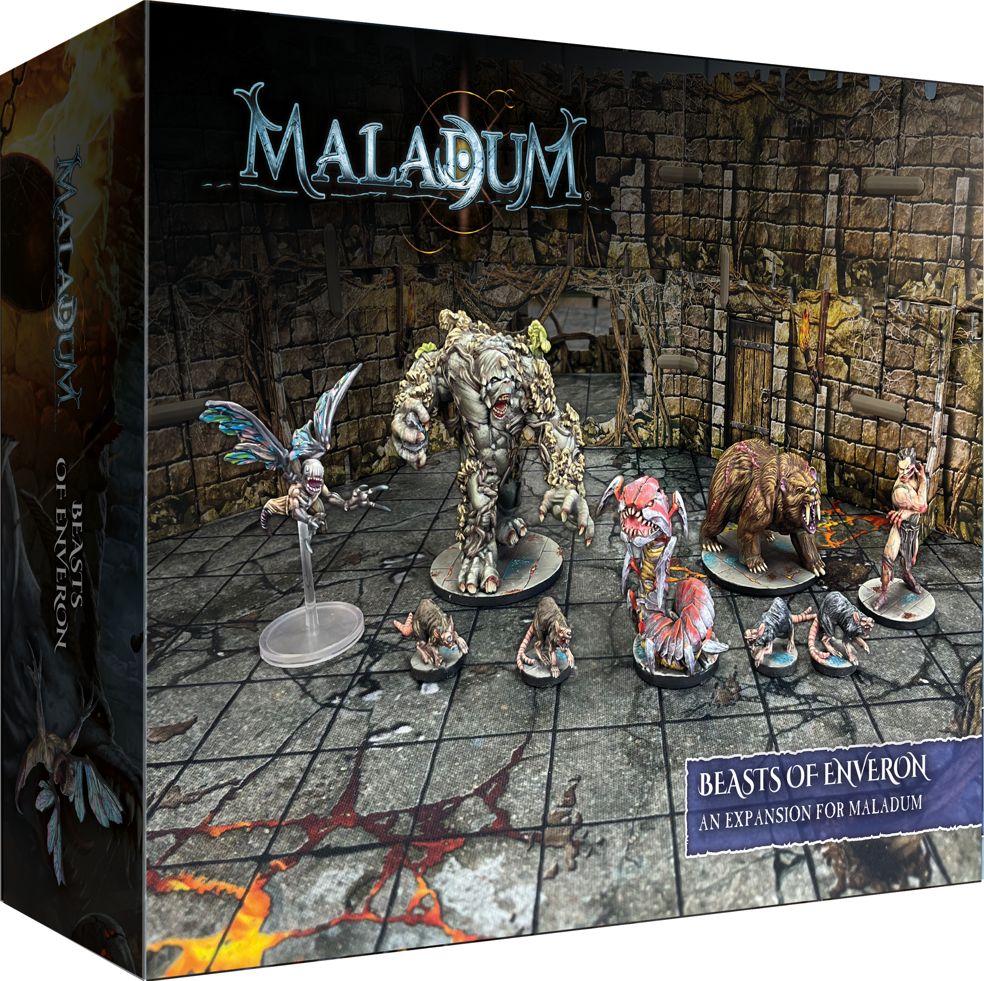 Maladum: Beasts of Enveron expansion box with detailed painted monster miniatures, including a golem, bear, and rats, on a dungeon backdrop.