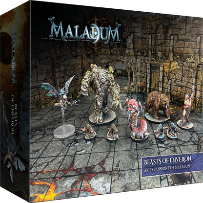 Maladum: Beasts of Enveron expansion box with detailed painted monster miniatures, including a golem, bear, and rats, on a dungeon backdrop.