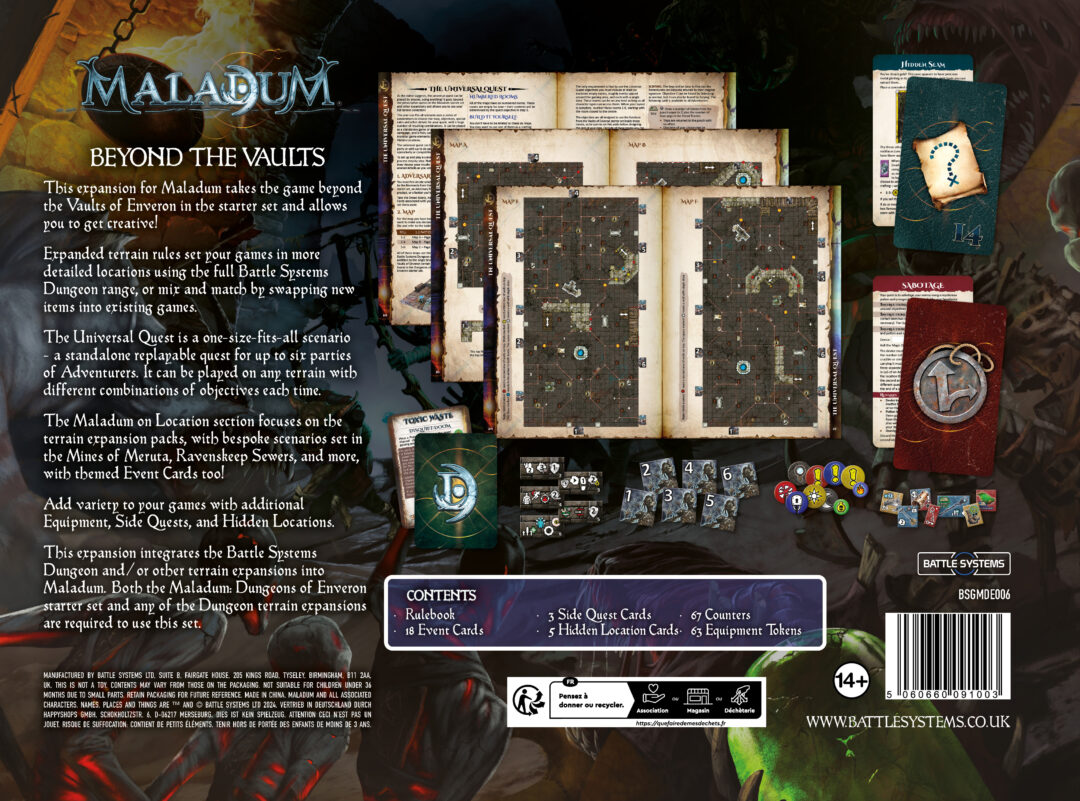 Back of Maladum: Beyond the Vaults game expansion box, showing open rulebooks with dungeon maps, cards, and tokens.