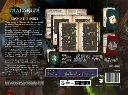 Back of Maladum: Beyond the Vaults game expansion box, showing open rulebooks with dungeon maps, cards, and tokens.