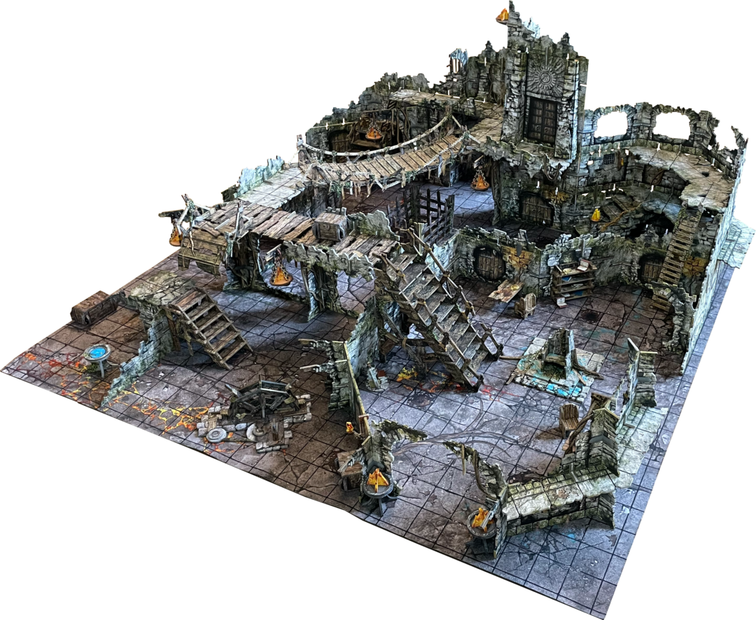 A detailed, multi-level fantasy dungeon tabletop terrain set. Features ruined stone structures, wooden bridges, stairs, and a grid map.