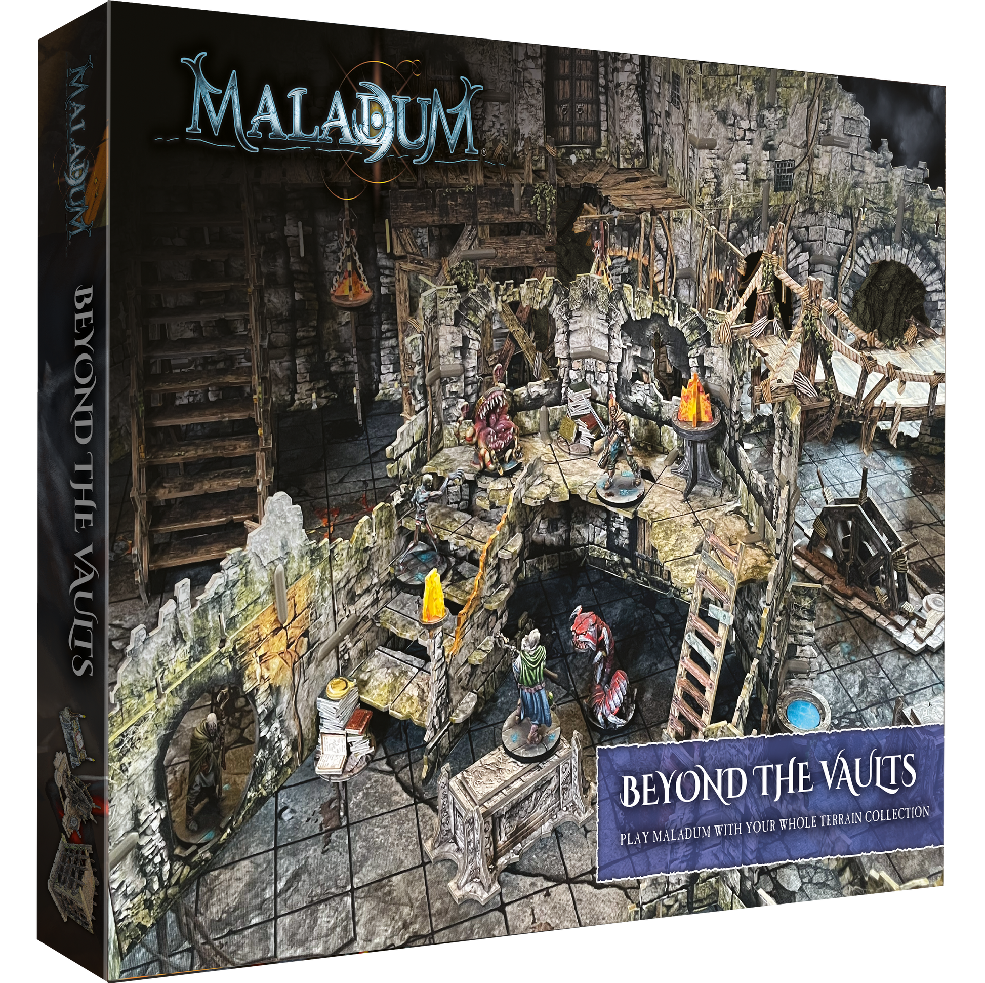 Maladum: Beyond the Vaults game box. Its cover depicts fantasy miniatures battling monsters in a detailed, multi-level dungeon.